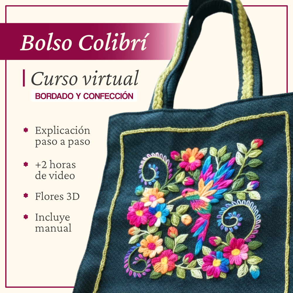 Curso Virtual: Bordado y Confección de Bolso con Colibrí y Flores 3D Curso Virtual: Bordado y Confección de Bolso con Colibrí y Flores 3D