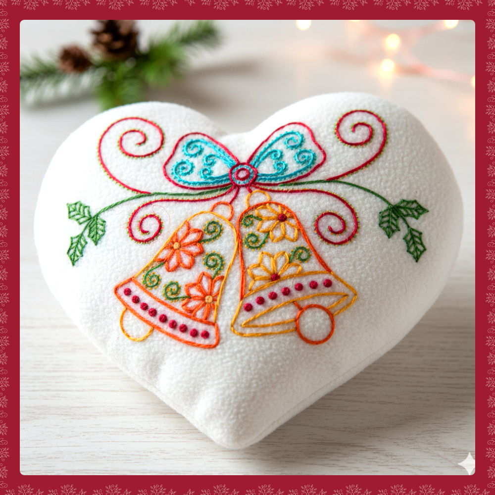 Patrón de Cojín Corazón con Campanas Navideñas