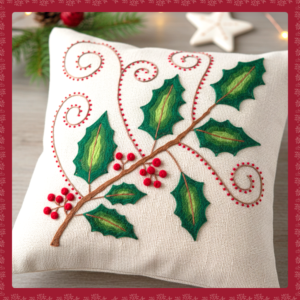 Patrón de Cojín de Acebo Navideño