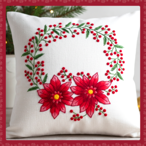 Patrón de Cojín de Corona Navideña con Poinsettias