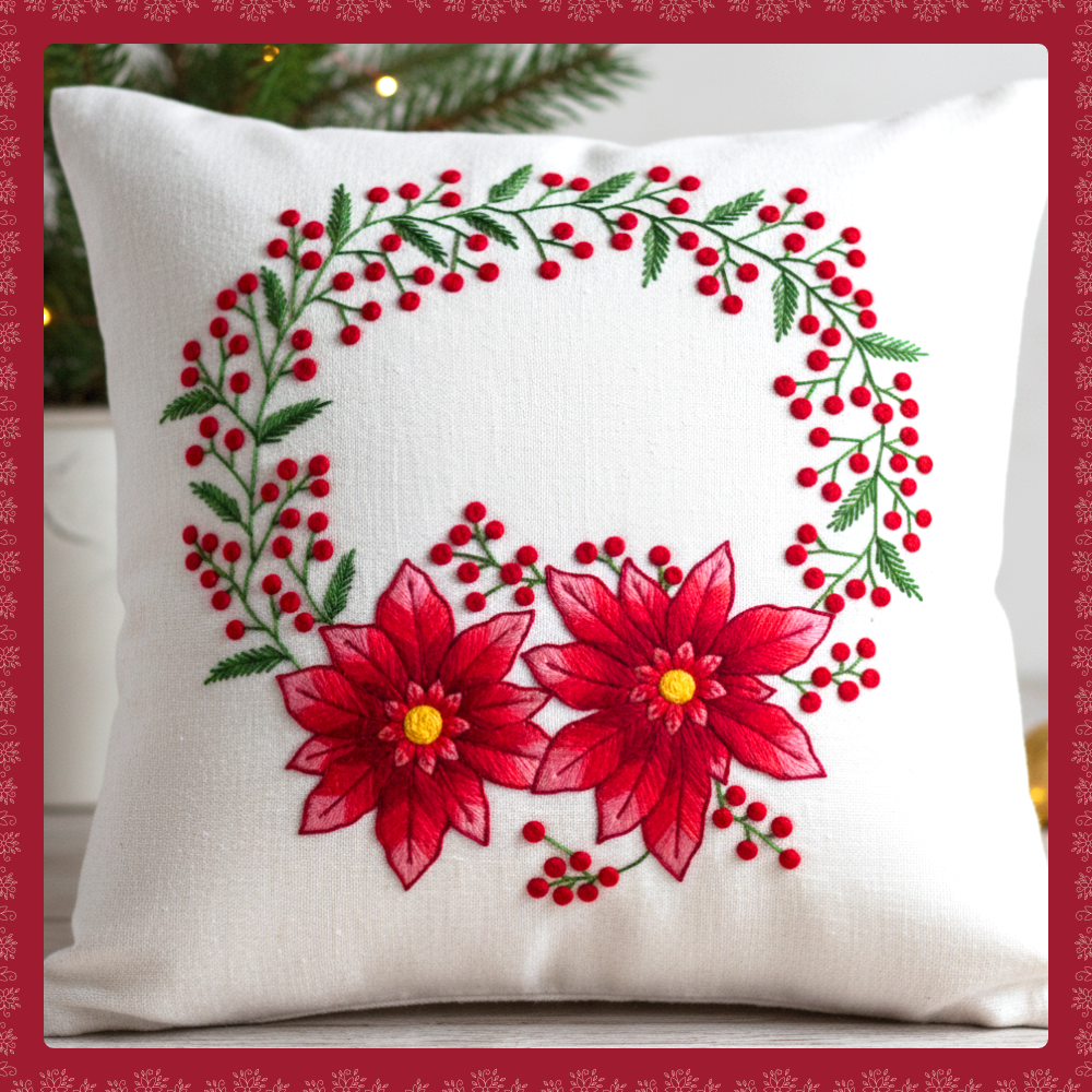 Patrón de Cojín de Corona Navideña con Poinsettias