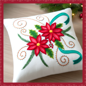 Patrón de Cojín de Flor de Pascua con Lazo Turquesa