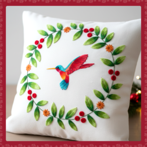 Patrón de Cojín de Colibrí con Corona Navideña